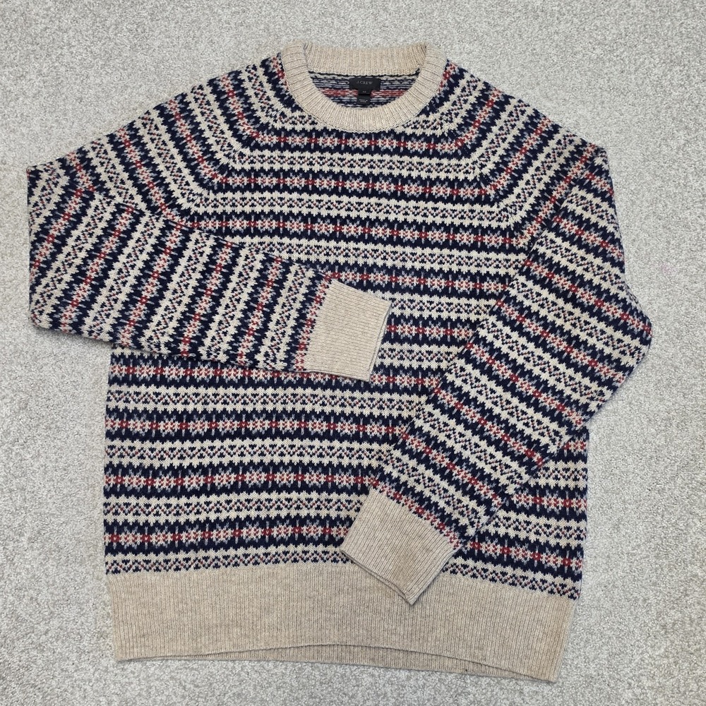 J.Crew Mens 100% Lambswool Fair Isle Crewneck Sweater Oatmeal Navy Red Sz M Ski